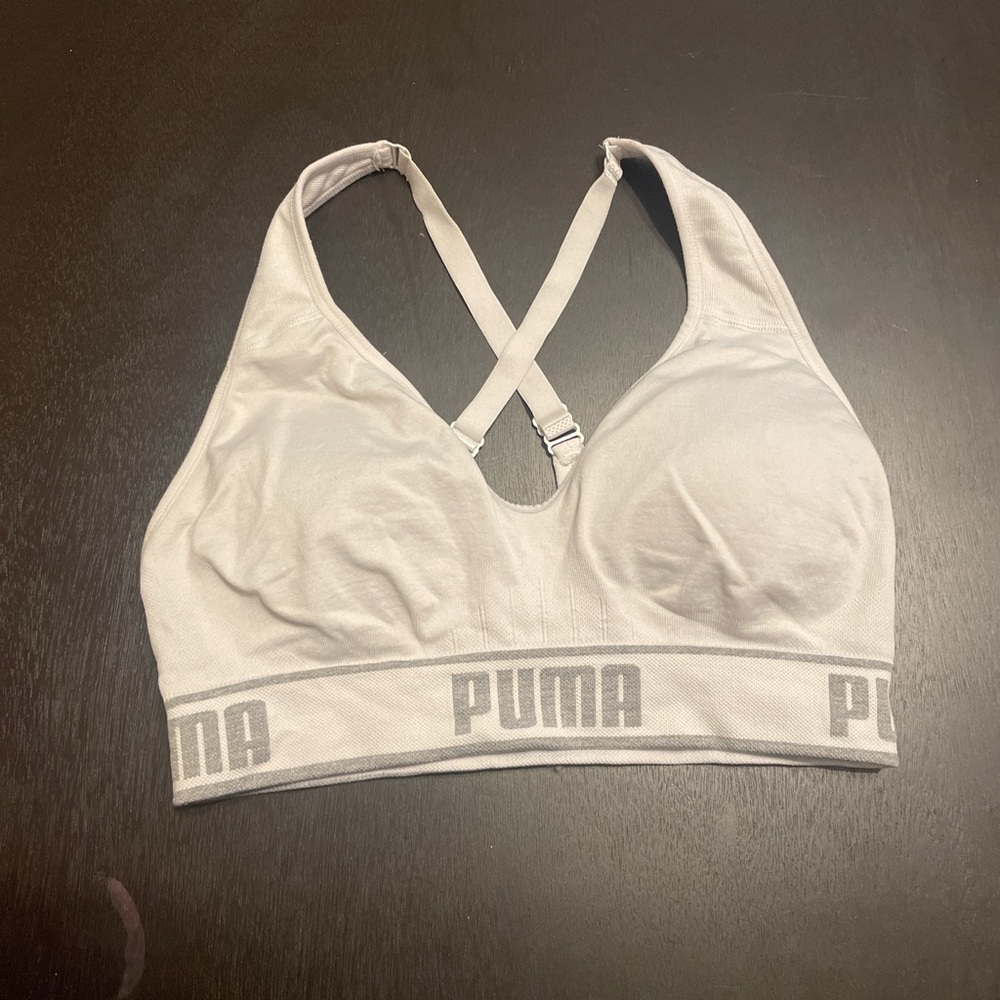 puma white and light grey sports bra